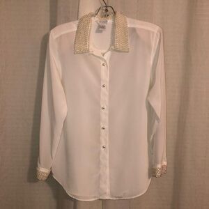 Vintage 14 Pearl Details Collared And Cuffed Long Sleeve Blouse